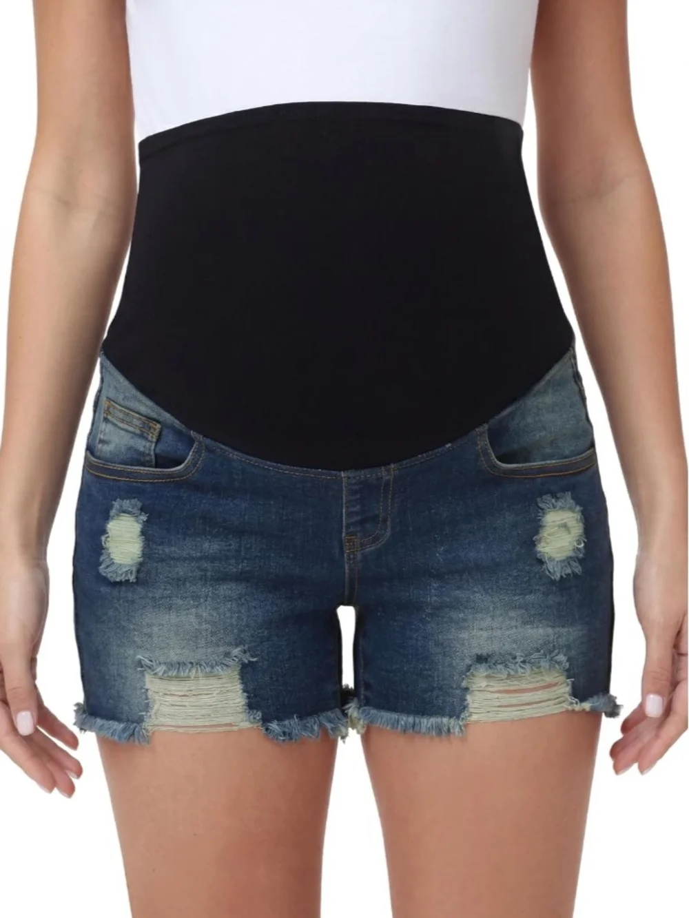Frayed Ripped Maternity Denim Shorts Over The Bump High Rise Summer Jean Shorts